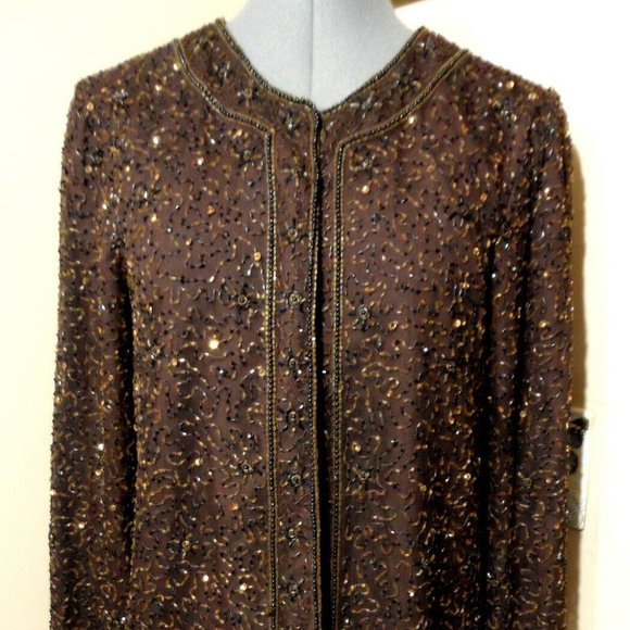 Vintage STENAY 100% Silk ALL Beaded Formal Jacket S Brown Hook front Overcoat LS - Picture 3 of 13